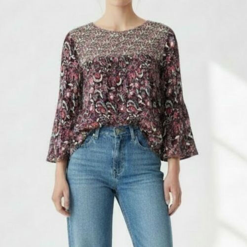 Lucky Brand Paisley Floral Smocked Top Women Medium Burgundy 3/4 Sleeve Bohemian
